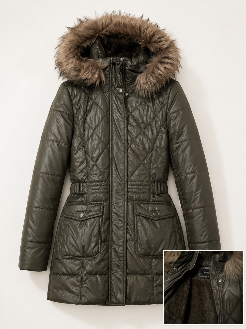 Olive Green Faux Fur Hooded Winter Parka Puffer Jacket Size S